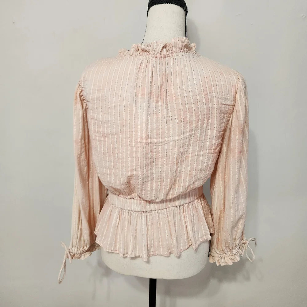 Cleobella Revolve Pink Cloud Cropped Ruffle Tie Front Top Shirt Puff Sleeve - Picture 5 of 13